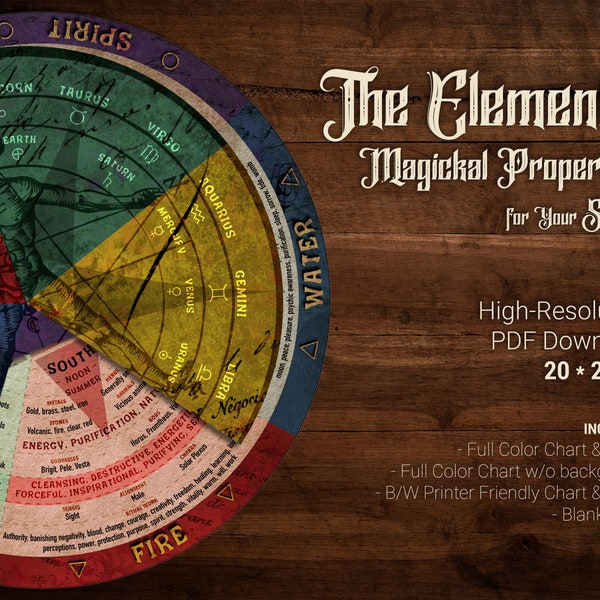 Elements Wheel Magical Properties for Witchcraft Spell/Ritual. Earth Fire Air Water Spirit metaphysical correspondences PDF Digital Download