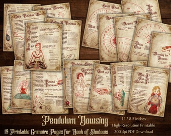 Pendulum Dowsing How To Mystic Divination Guide Printable Grimoire Pages for Book of Shadow + 6 Boards, High Resolution Digital PDF Download