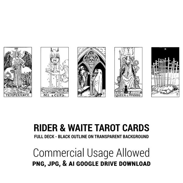 78 Raider Waite Tarot Cards Vector PNG JPG SVG Digital Download. Black outline on transparent background. Major Minor Arcana. Commercial Use