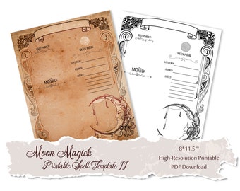 Moon Magick Spell Ritual Template | Printable PDF Grimoire Pages | Digital Download Blank Book of Shadows Journal Page | Witch Book Printout