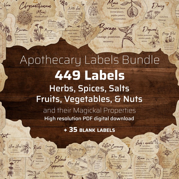 449 Apothecary Label Bundle Printable Witchcraft sticker Tag with Herb Spice Fruit Nut inscription of magical properties in spells + potions