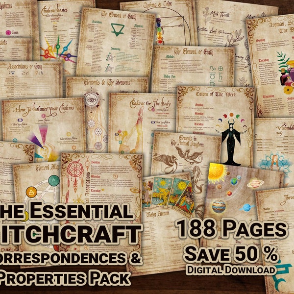 The Essential Witchcraft Metaphysical Correspondences & Properties Pack. Printable book of shadows grimoire pages. Digital PDF download