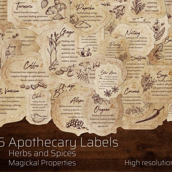 Herb & Spices v1 Apothecary Label Set 45 Printable Witchcraft sticker Tags with inscriptions of herbs magical properties in spells + potions