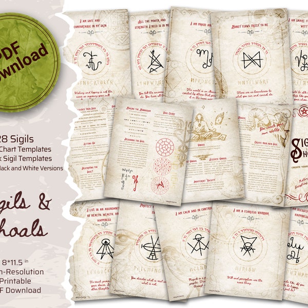 28 Sigils for Protection, Love, Wealth, Empowerment. Sigil Chart, Grimoire Page Templates, Printable PDF Chaos Magick Spell Book of Shadows