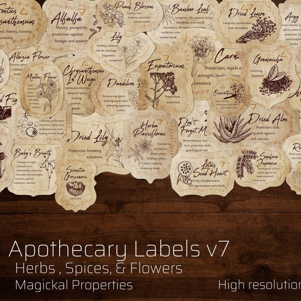 Herb & Spices v7 Apothecary Label Set 31 Printable Witchcraft sticker Tags with inscriptions of herbs magical properties in spells + potions