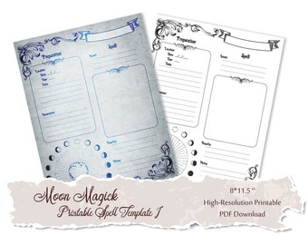 Moon Magick Spell Template | Printable PDF Blank Grimoire Journal Pages for Book of Shadows | Digital Download Pagan Witchcraft Page Layout