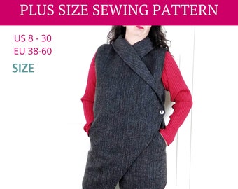 Plus Size Vest Coat Pattern, Plus Size Pattern, Vest Sewing Pattern, Sleeveless Coat Pattern, Crossover Vest, Downloadable PDF, easy to sew