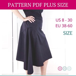 May include: A black skirt with a flowing design. The skirt is shown on a model. The text "PATTERN PDF PLUS SIZE" is at the top of the image. The text "US 8 - 30 EU 38-60 SIZE" is on the right side of the image.