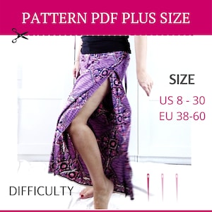 May include: Purple and black patterned maxi skirt with a side slit. The skirt is shown on a model and has a 'PATTERN PDF PLUS SIZE' title at the top of the image. The text 'SIZE US 8-30 EU 38-60' is shown on the right side of the image. The text 'DIFFICULTY' is shown at the bottom of the image.
