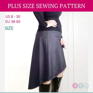 May include: A sewing pattern for a black asymmetrical skirt. The pattern is for plus sizes, UK 12-24, EU 38-60.