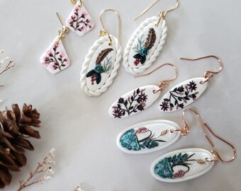 Tiny Dangly Floral Art || Handmade Polymer Clay Earrings || Flowers || Gold || Rose Gold || Silver