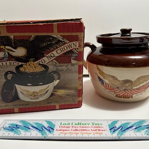 McCoy Pottery Spirit of 76 Bean Pot Bicentennial Eagle Brown Glaze w/ Box 6” USA
