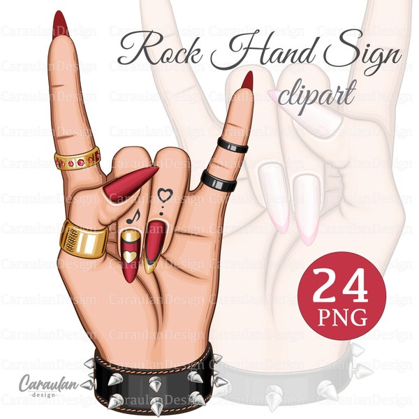 Hand rock sign, manicure clipart, woman hand rock gesture, devil horns gesture female hand with beautiful Nails, Nail Tech Logo, metal sign