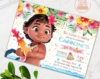 Baby Girl birthday invitation, Tropical Baby Girl birthday invitation, Baby Girl birthday party invitation, 1st Birthday