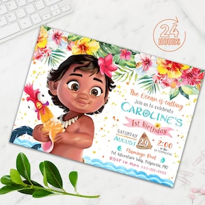 Baby Girl birthday invitation, Tropical Baby Girl birthday invitation, Baby Girl birthday party invitation, 1st Birthday