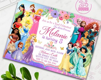 May include: A pink and purple invitation with a glittery background featuring various Disney princesses. The invitation reads "Join us for a Royal Celebration! Our Little Princess Melanie is turning 3. Saturday, June 26th, 3:00PM Melanie's Castle 133 Sparkle Street Glitter City, MO 55555 RSVP to 123-456-7890"