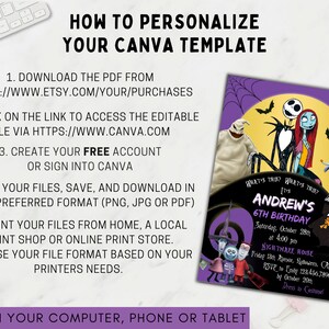 May include: A purple and black invitation with a Nightmare Before Christmas theme. The invitation features Jack Skellington and Sally from the movie. The text on the invitation reads "What's this? What's this? It's Andrew's 6th Birthday".