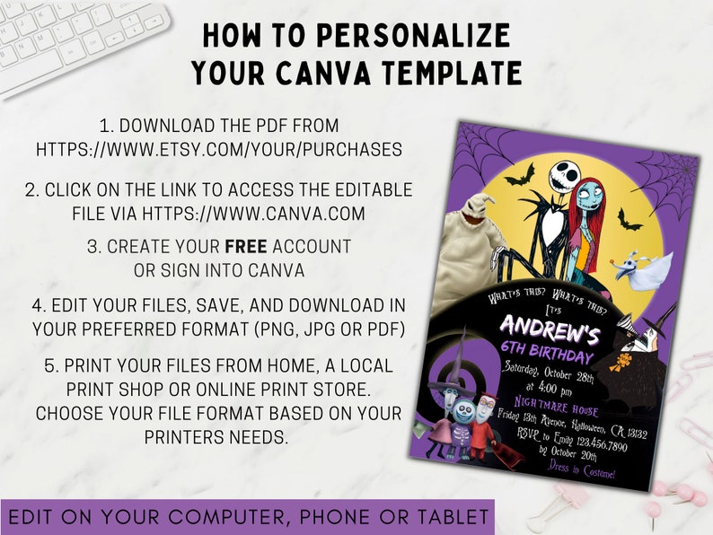 May include: A purple and black invitation with a Nightmare Before Christmas theme. The invitation features Jack Skellington and Sally from the movie. The text on the invitation reads "What's this? What's this? It's Andrew's 6th Birthday".