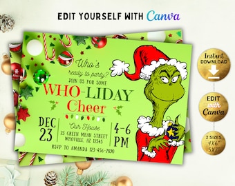 Editable Wonderful Awful Holiday Cheer invitation, Mean Green Wholiday Invite, Christmas Who-lidays, Canva, DIY, Instant download