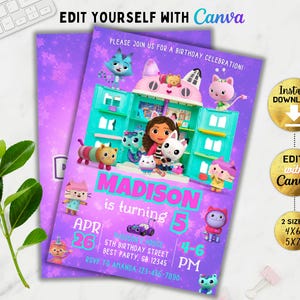 Editable Gabby&#39;s Dollhouse Birthday Invitation, Gabby&#39;s Kids Birthday invite, Girl Gabby Dollhouse Invite, Cat Party Invite, Dollhouse Party