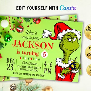 Editable Mean Green birthday invitation, Wonderful Awful Holiday Cheer invitation, Christmas Who-lidays, Canva, DIY, Instant download