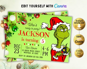 Editable Mean Green birthday invitation, Wonderful Awful Holiday Cheer invitation, Christmas Who-lidays, Canva, DIY, Instant download