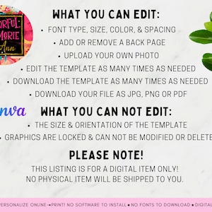 May include: A Canva template for a digital memory book. The template features a colorful circle with the text "Colorful Memorie by Ann". The text "WHAT YOU CAN EDIT:" is listed with bullet points describing the editable features. The text "WHAT YOU CAN NOT EDIT:" is listed with bullet points describing the non-editable features. The text "PLEASE NOTE!" is listed with the text "THIS LISTING IS FOR A DIGITAL ITEM ONLY! NO PHYSICAL ITEM WILL BE SHIPPED TO YOU."