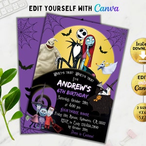 Könnte beinhalten: Lila und schwarze Einladung mit einem Spinnennetz-Design. Es zeigt Figuren aus dem Film Nightmare Before Christmas, darunter Jack Skellington und Sally. Der Text lautet "What's This? What's This? It's Andrew's 6th Birthday".