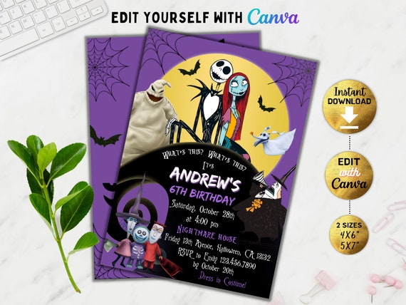 Editable The Nightmare Before Christmas Invitation,  Happy Halloween Birthday Party Invite, Spooky Scary Party, Birthday Celebration, Canva