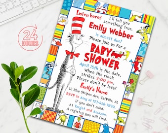 Puede incluir: Una invitación colorida para un baby shower con el Gato en el Sombrero del libro "El Gato en el Sombrero" de Dr. Seuss. La invitación es para el baby shower de Emily Webber el 15 de abril a las 2:00 pm. La invitación incluye la dirección y la información de RSVP.