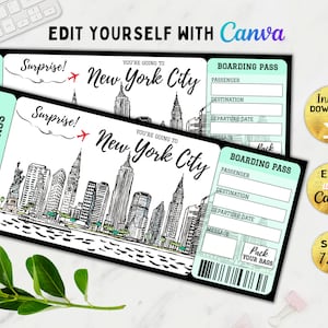 Editable Surprise New York Trip Ticket , New York Surprise Boarding Pass, Printable Gift Ticket, Ticket to New York, NYC ticket, Canva, DIY