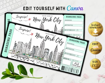 Editable Surprise New York Trip Ticket , New York Surprise Boarding Pass, Printable Gift Ticket, Ticket to New York, NYC ticket, Canva, DIY