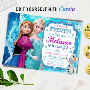 Editable Winter Girl birthday invitation, Elsa Anna invitation, Girl Birthday Invite, Snowflake invitation, Canva, Instant download, DIY