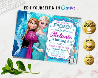 Editable Winter Girl birthday invitation, Elsa Anna invitation, Girl Birthday Invite, Snowflake invitation, Canva, Instant download, DIY