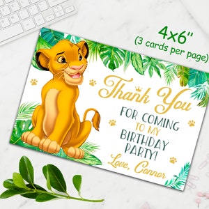 May include: A thank you card featuring a cartoon lion cub from the movie The Lion King. The card has a green and white jungle theme with the text "Thank You for coming to my birthday party! Love, Connor".