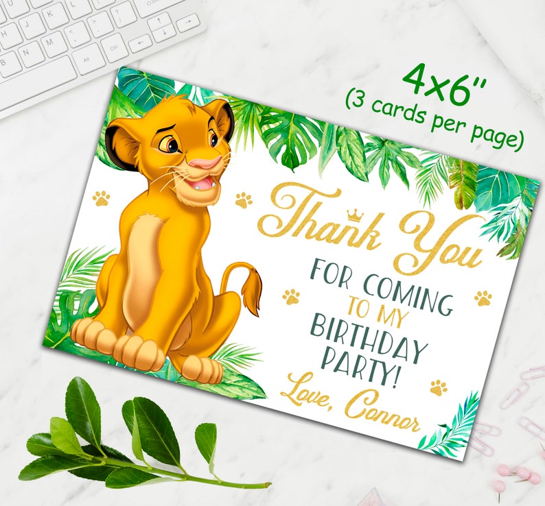 May include: A thank you card featuring a cartoon lion cub from the movie The Lion King. The card has a green and white jungle theme with the text "Thank You for coming to my birthday party! Love, Connor".