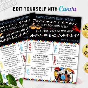 May include: Two printable teacher appreciation week flyers with a black background and colorful text. The flyers have a Friends TV show theme, with phrases like "The One Where You Are Appreciated". Includes a download button.