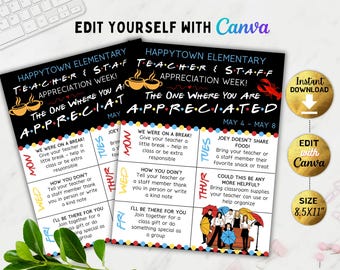 Editable Friends Themed Teacher & Staff Appreciation Week Flyer Canva
