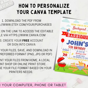 May include: A printable birthday party invitation template for a backyard barbecue. The invitation features a red, white, and blue color scheme with a cartoon grill, picnic table, and a sun with a smiling face. The text on the invitation reads "Please join us for a Backyard Birthday Barbecue to celebrate John's 5th Birthday".