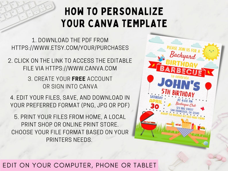 May include: A printable birthday party invitation template for a backyard barbecue. The invitation features a red, white, and blue color scheme with a cartoon grill, picnic table, and a sun with a smiling face. The text on the invitation reads "Please join us for a Backyard Birthday Barbecue to celebrate John's 5th Birthday".