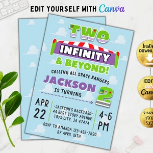 Editable Two Infinity and Beyond Birthday Invitation, Space Ranger Invitation, Two Infinity and Beyond Toy Story, Buzz Party Invite, Canva