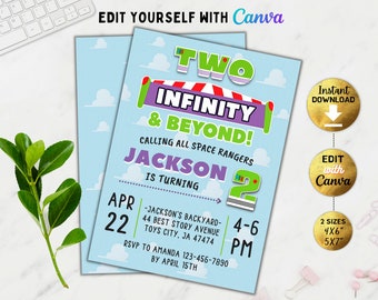 Editable Two Infinity and Beyond Birthday Invitation, Space Ranger Invitation, Two Infinity and Beyond Toy Story, Buzz Party Invite, Canva