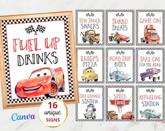 Editable Cars Party Signs, McQueen Birthday Decorations, Food Table Signs, Instant Download