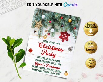 Könnte beinhalten: Eine Weihnachtsparty-Einladungsvorlage mit weißem Holzhintergrund, grünen Tannenzweigen, goldenem Stern, roter Schneeflocke und bunten Kugeln. Der Text lautet: Please join us for a Christmas Party, hosted by the Green family, Sunday, December 25th, at 5pm, Green's Residence, 175 Maple Street, Phoenix, Arizona, please RSVP to John 555-555-5555.