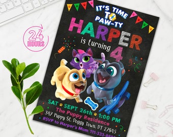 May include: A black chalkboard style invitation with colorful paw prints and the text "It's Time to Paw-ty". The invitation is for Harper's 4th birthday party. The invitation features characters from the animated series "PAW Patrol" and includes the date, time, and location of the party.