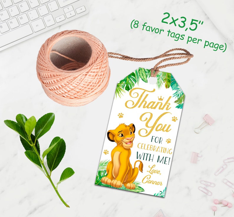May include: A thank you favor tag with a jungle theme. The tag features a cartoon lion cub from the Lion King movie, green leaves, and the text "Thank You for Celebrating with Me! Love, Connor". The tag is 2 inches by 3.5 inches and comes in a pack of 8.