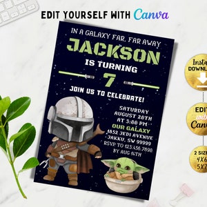 Editable Boy birthday invitation, Space wars birthday invitation, Boy Birthday Invite, Girl Birthday Invite, Jedi invitation, Canva, DIY