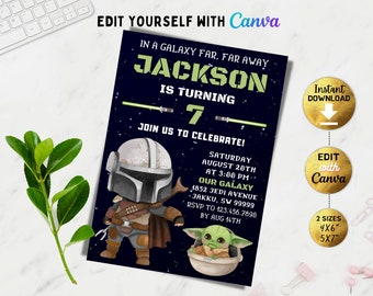 Editable Boy birthday invitation, Space wars birthday invitation, Boy Birthday Invite, Girl Birthday Invite, Jedi invitation, Canva, DIY