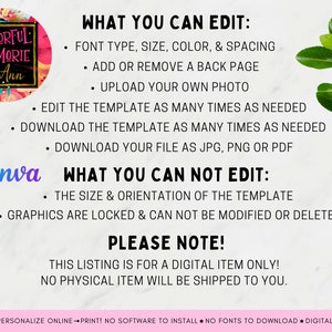 May include: A Canva template for a digital memory book. The template features a colorful circle with the text "Colorful Memorie by Ann". The text "WHAT YOU CAN EDIT:" is listed with bullet points describing the editable features. The text "WHAT YOU CAN NOT EDIT:" is listed with bullet points describing the non-editable features. The text "PLEASE NOTE!" is listed with the text "THIS LISTING IS FOR A DIGITAL ITEM ONLY! NO PHYSICAL ITEM WILL BE SHIPPED TO YOU."