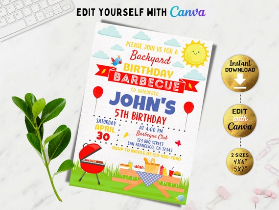 Editable BBQ Birthday Invitation, Barbeque Party Invitation, Barbecue Birthday Invite, Summer, Picnic Invitation, Backyard Bbq, Canva, DIY